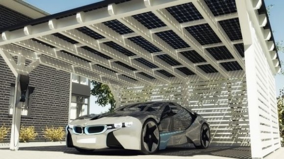 The SOLARWATT Carport feeds solar energy directly into the BMW i Wallbox 