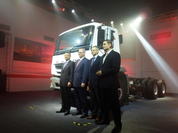 The gentlemen (from left to right) Masashi Kogame, MFTBC Senior Vice President, Head of Operations Trucks & Buses, Dr. Albert Kirchmann, Head of Daimler Trucks Asia and MFTBC President & CEO, Kai-Uwe Seidenfuss, MFTBC Senior Vice President of Sales & After Sales, and Marc Llistosella, DICV Managing Director & CEO at the press conference on the occasion of the start of production of FUSO trucks at DICV plant in Chennai, India. Date: May 23, 2013