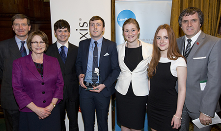 From left: Rt Hon Dominic Grieve QC MP Attorney General and Rt Hon Louise Ellman MP for Liverpool Riverside with winning students; Curtis Ball, Christopher Williams, Alexandra Charlton, Valeriya Sterkhova; and Rt Hon Steve Rotherham MP for Liverpool Walton