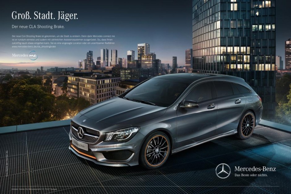 Under the claim "Designed for urban hunting.", the integrated market launch campaign stages the new Mercedes-Benz CLA Shooting Brake as a hunter stalking prey in the urban jungle.
