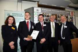L-R in the image are: Professor Helen Fielding (Royal Society of Chemistry), Ryan Gorman (University of York), James Perham-Marchant (award sponsors, John Wiley and Sons), Stephen Benn (Parliamentary & Scientific Committee), Andrew Miller MP (Chair, Parliamentary & Scientific Committee).