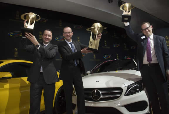 Mercedes-Benz wins three categories in the prestigious "World Car Awards 2015". Christoph Horn, Head of Global Communication Passenger Cars Mercedes-Benz and Rob Moran, Director Mercedes-Benz USA Communications, received the awards on behalf of the brand with the three pointed star at a ceremony held on the occasion of the New York International Auto Show. v.l. to r. Rob Moran, Christoph Horn, Christian Bokich