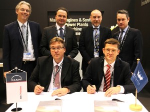 Pictured at the signing at Europort were (front, left to right) Dr Thomas Spindler (Head of Upgrades & Retrofits, MAN PrimeServ Four-Stroke) and Christian Hoepfner (Wessels Reederei GM); (back, left to right) Marcel Lodder (Project Engineer, Upgrade & Retrofit, MAN PrimeServ), Stefan Eefting (Vice President, MAN PrimeServ), Rainer Runde (Project Manager, Wessels Reederei), and Gerd Wessels (Managing Partner – Wessels Reederei)