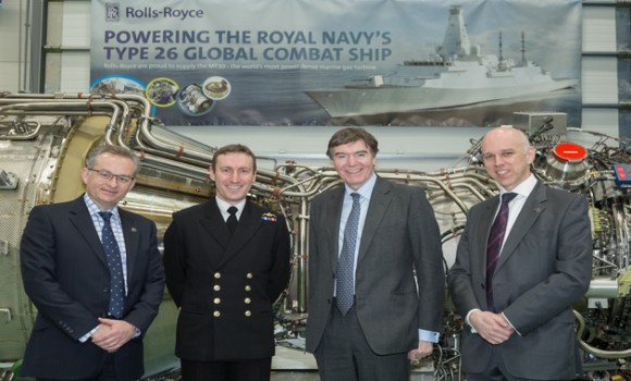 Picture shows (Left to Right) Tomas Leahy, Rolls-Royce Director EMEA Programmes – Naval, Commodore Paul Methven, Philip Dunne MP, Minister for Defence Procurement, Geoff Searle, BAE Systems, Programme Director Type 26 Global Combat Ship