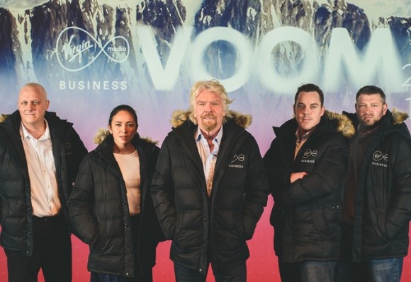 Sir Richard Branson with winners of Pitch to Rich 2015 - Jeff Patterson (Fourex), Gem Misa (Cauli Rice), Colin Hegarty (Hegarty Maths), Dan Cludenay (Approved Food) - at launch of TV commercial for Virgin Media Business VOOM 2016, at Mayfair Theatre, London