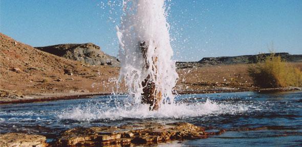 Image shows a cold water geyser driven by carbon dioxide erupting from an unplugged oil exploration well drilled in 1936 into a natural CO2 reservoir in Utah. Credit: Professor Mike Bickle