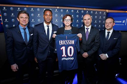 From left to right: Frederic Longuépée, Deputy General Manager at Paris Saint-Germain, Patrick Kluivert, Director of Football at Paris Saint-Germain, Helena Norrman, Senior Vice President and Chief Marketing and Communications Officer at Ericsson, Franck Bouetard, Head of Ericsson France, and Boris Serapian, Chief Information Officer at Paris Saint-Germain