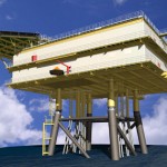 Illustration of a transformator platform for the Dan Tysk offshore wind park in the North Sea.