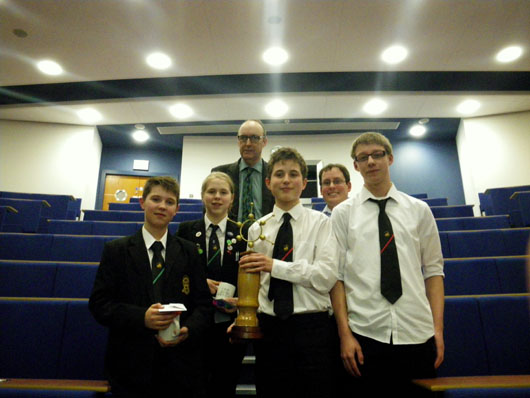 Note to Picture Editors PHOTO CAPTION: The winning team from Breadalbane Academy: Ava Broughton-Stuart, Alisdair Soppitt, Patrick Pelc and Lewis McCallum, with their teacher Graham Armstrong and quizmaster, Professor Derek Woollins.