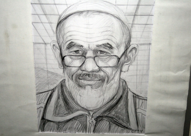 Sketch of Azimjan Askarov, prominent Kyrgyzstani human rights defender, drawn by himself during his time in prison in Bishkek. (OSCE)