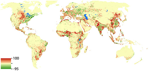 The map shows changes in human pressure from 1990 to 2010. Red areas are under increasing human pressure, while green areas are experiencing a decline in human pressure. Photo: Geldmann et al. 2014, Conservation Biology.