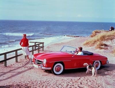 Mercedes-Benz 190 SL (W 121, 1955 to 1963). Contemporary advertising photo taken in the 1950s on the island of Sylt