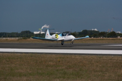 The E-Fan technology demonstrator landing at Calais-Dunkerque Airport after completing historic Channel crossing