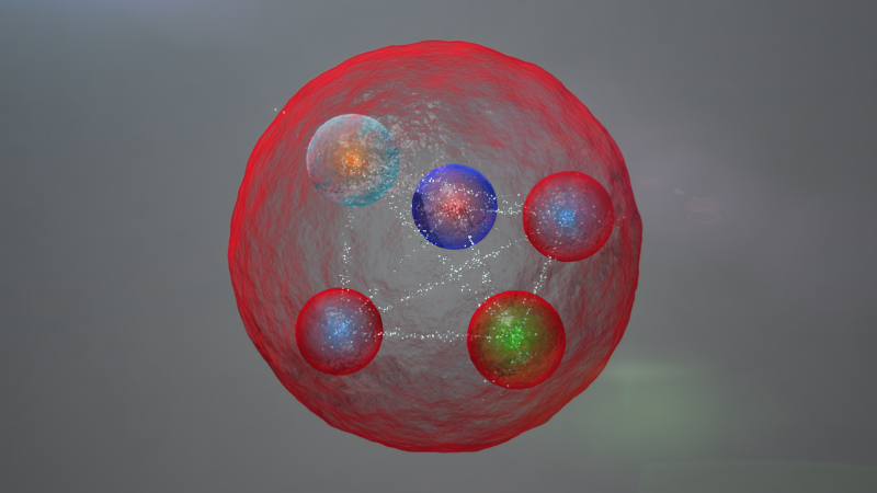 Illustration of the possible layout of the quarks in a pentaquark particle such as those discovered at LHCb. The five quarks might be tightly bonded (left). They might also be assembled into a meson (one quark and one antiquark) and a baryon (three quarks), weakly bound together. © CERN