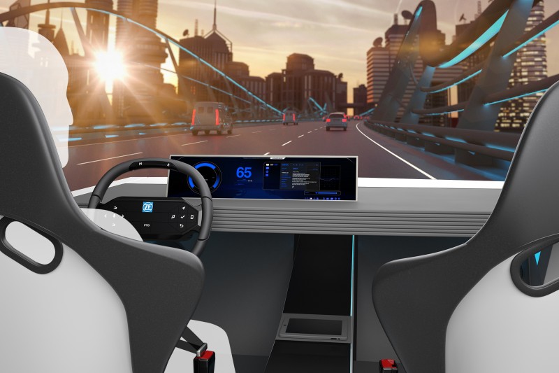 The ZF Concept Cockpit showcases four practical integrated innovations, including a special steering wheel with hands on/off detection, a touch display with realistic key simulation, a new, highly precise facial and emotion recognition feature, and actively responsive and communicating seat belts.