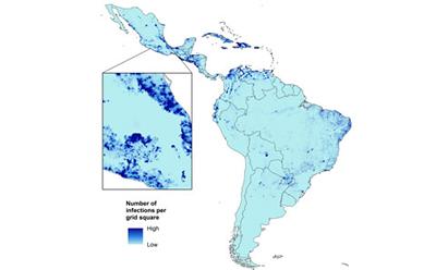 Map showing the projected number of Zika infections in childbearing women