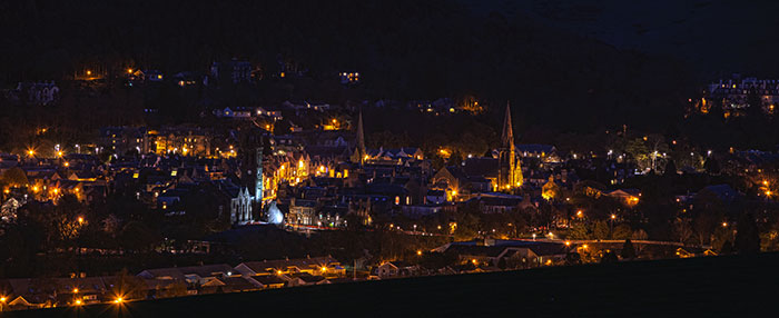 The Scottish town of Peebles lit up at night. More than 40% of Scotland’s electricity comes from renewable energy.