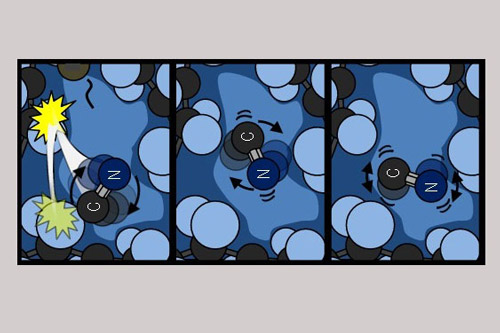 A hot CN molecule cools in solution by collisions with solvent molecules that reduce both its speed and how quickly it is rotating. The three panels show schematic snapshots of this cooling at successively later times as the CN settles down from free movement to hindered motion that is restricted by the surrounding solvent molecules. Image credit: Dr Michael Grubb (University of Bristol) 