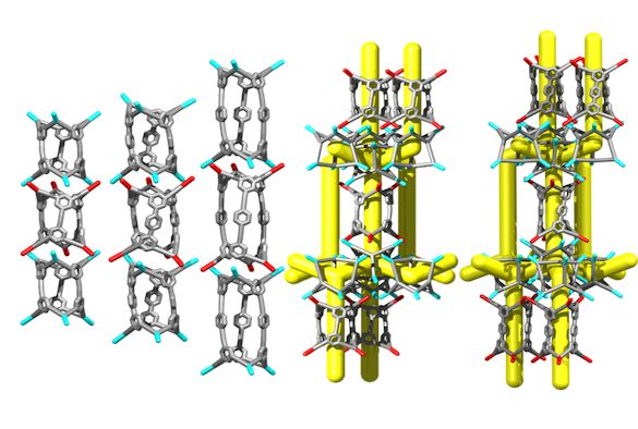 Image: Three 1-D nanotubes and two 3-D structures made from porous organic cages